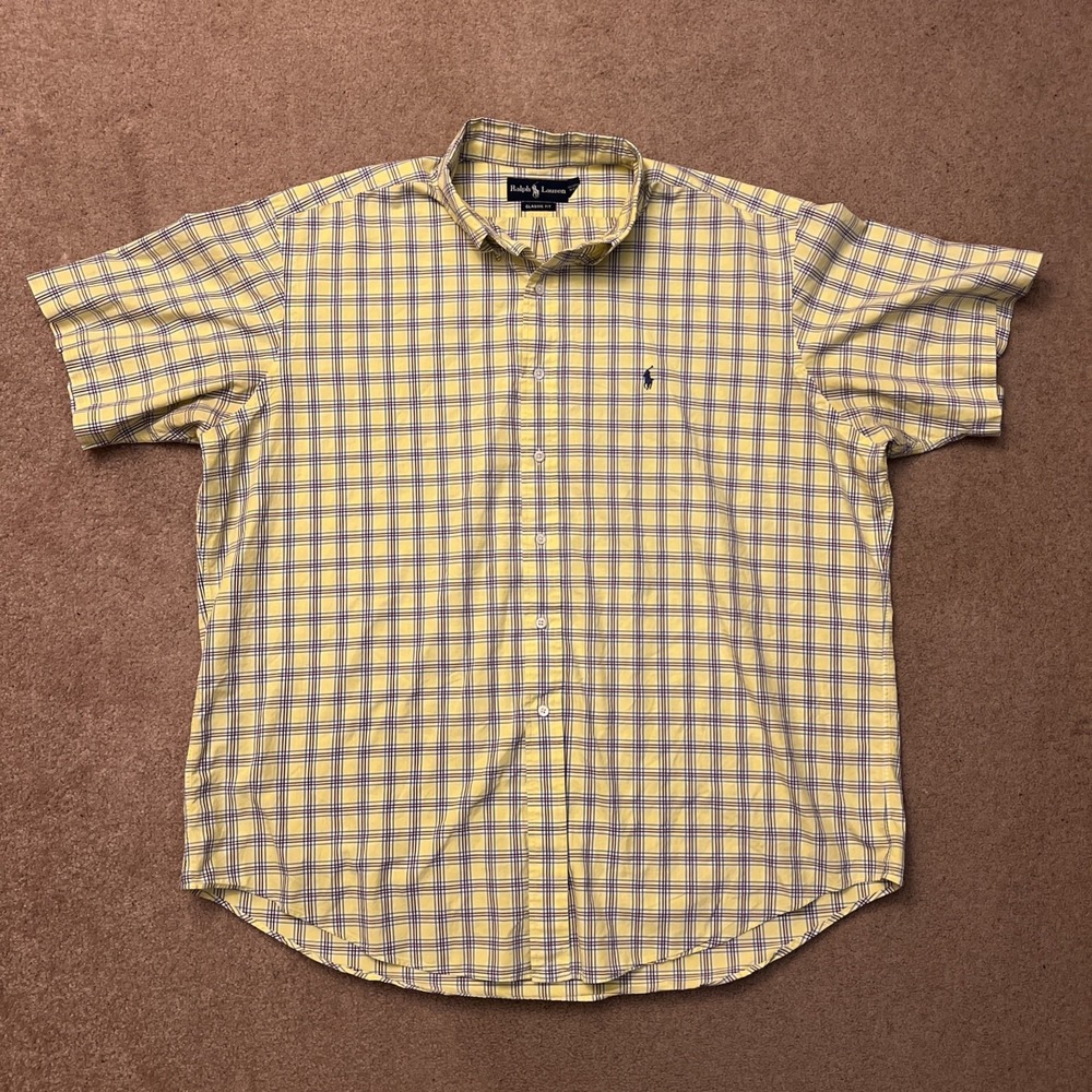 Polo Ralph Lauren Button Down Mens XXL Yellow Plaid Classic Fit Short Sleeve